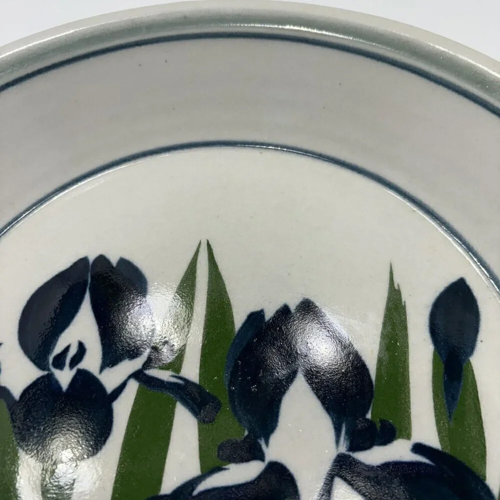 Handcrafted Pottery Artisan Signed Ward Glazed Pie Plate Shallow Bowl Iris